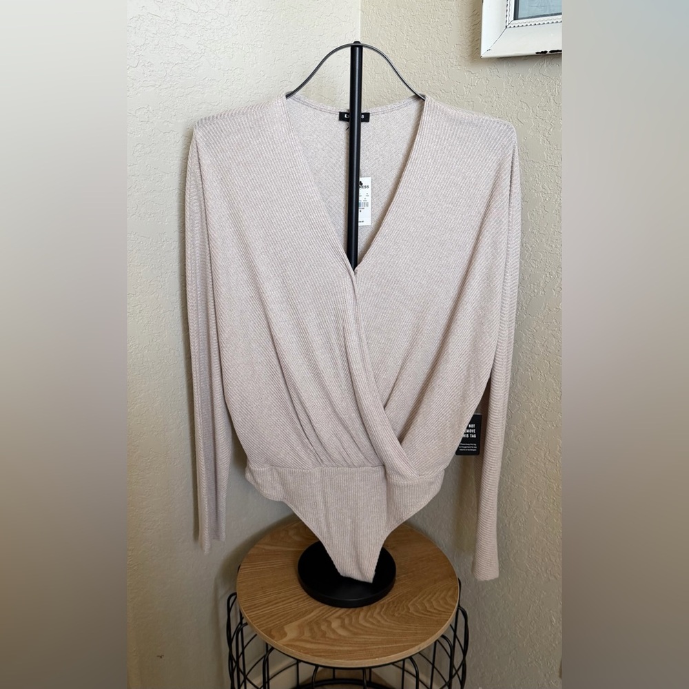 Express Cream Wrap Bodysuit Long Sleeve Soft Lightweight Staple Medium